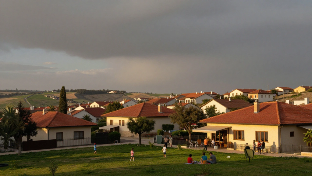 Tranquil modern Israeli kibbutz community living in peace, visually representing the "land of unwalled villages" condition from Ezekiel 38:11 prophecy that must precede the Gog-Magog war, with a subtle ominous cloud in the distance
