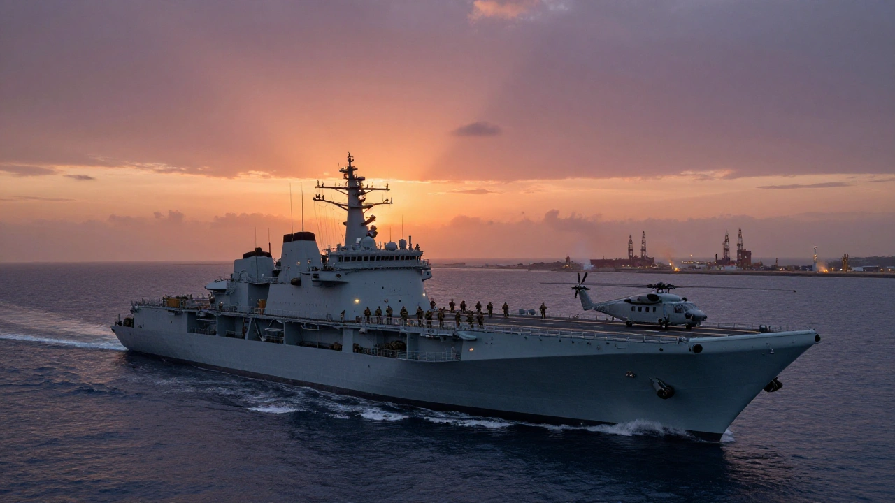 2026 Iran War Bible Prohecy see the USS Tripoli amphibious assault ship leading US naval task force toward Iran's Kharg Island oil terminal in the Strait of Hormuz at dawn during the 2026 Iran War, a potential prophetic catalyst for the Ezekiel 38 Gog-Magog coalition