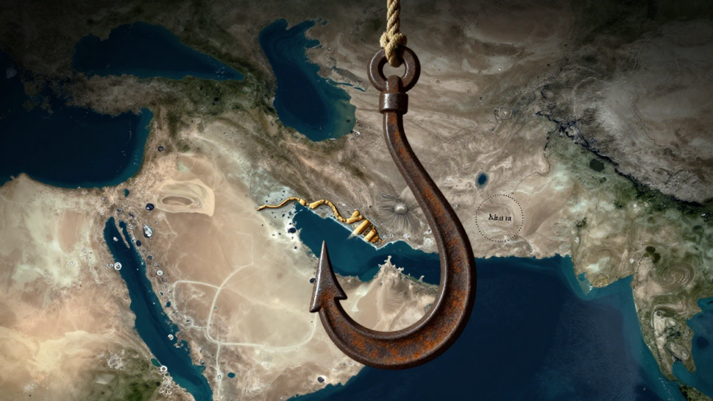 Symbolic conceptual art of a large iron hook over a map of the Persian Gulf, representing the "hook in the jaw" prophecy from Ezekiel 38:4 and the strategic capture of Kharg Island in the 2026 Iran War Bible prophecy timeline.