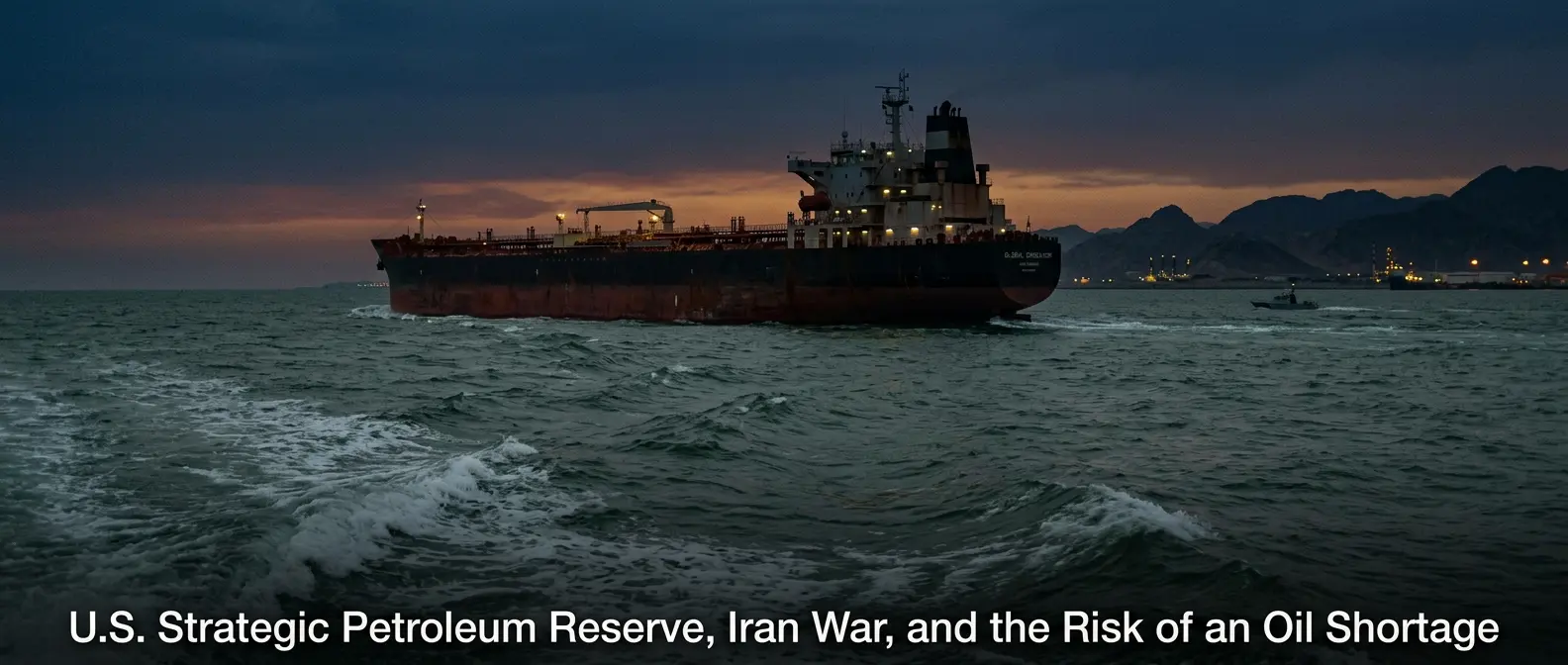 Oil tanker in strait at dusk illustrating Strategic Petroleum Reserve Iran war oil shortage