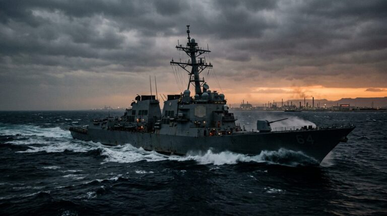 A US Navy destroyer enforcing the Strait of Hormuz blockade during the US Iran conflict 2026.