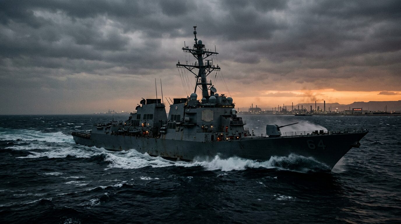 A US Navy destroyer enforcing the Strait of Hormuz blockade during the US Iran conflict 2026.