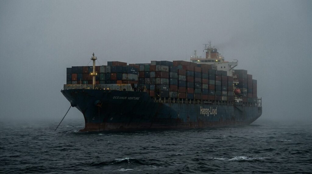 A commercial cargo ship halted at sea, illustrating the global shipping disruption caused by the Strait of Hormuz blockade.