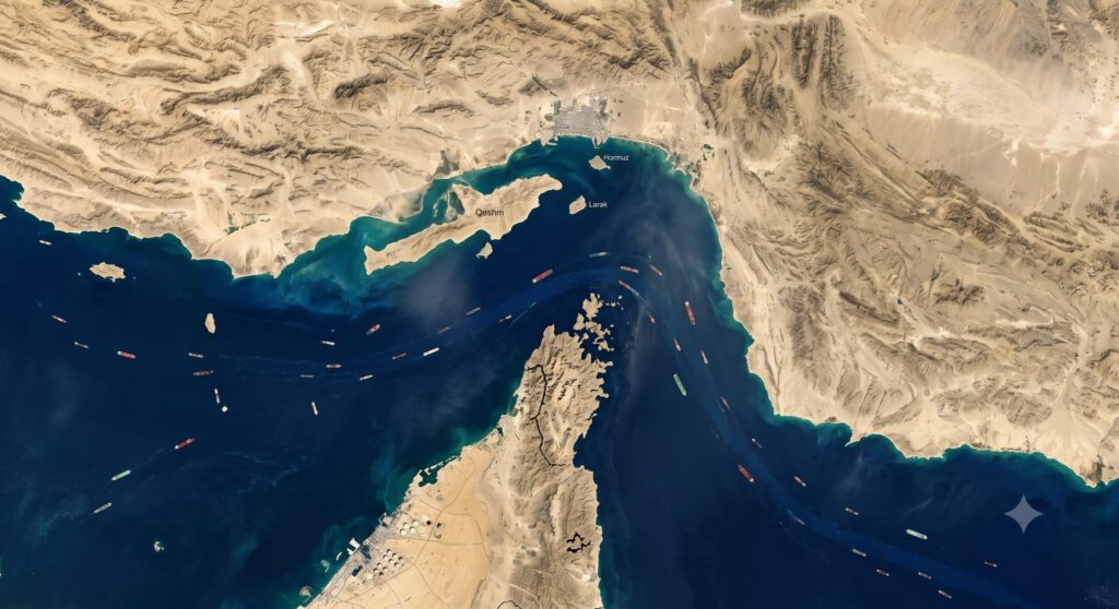 Aerial view of the Strait of Hormuz oil supply route near Iran