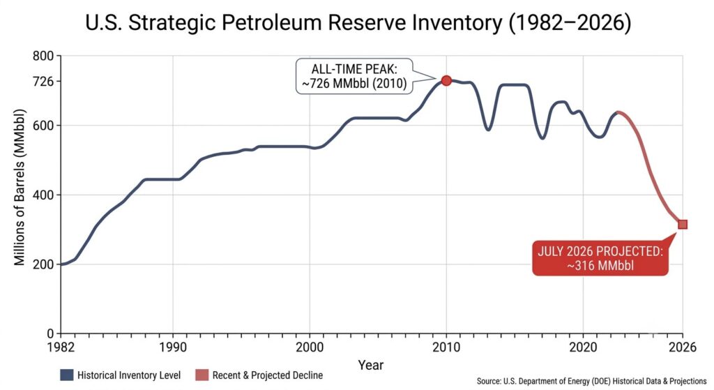Chart showing U.S. Strategic Petroleum Reserve current level decline 1982-2026