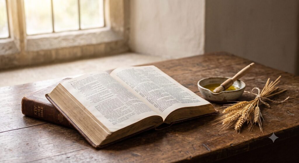 Open Bible with oil and wheat representing oil and Bible prophecy