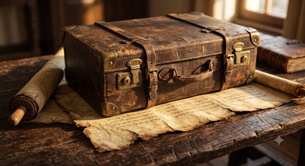 Suitcase and ancient scroll symbolizing aliyah and Israel prophecy today