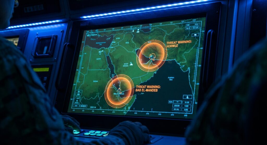 Tactical military radar console highlighting Houthi Red Sea blockade energy choke points and Strait of Hormuz Oil Blockade Prophecy