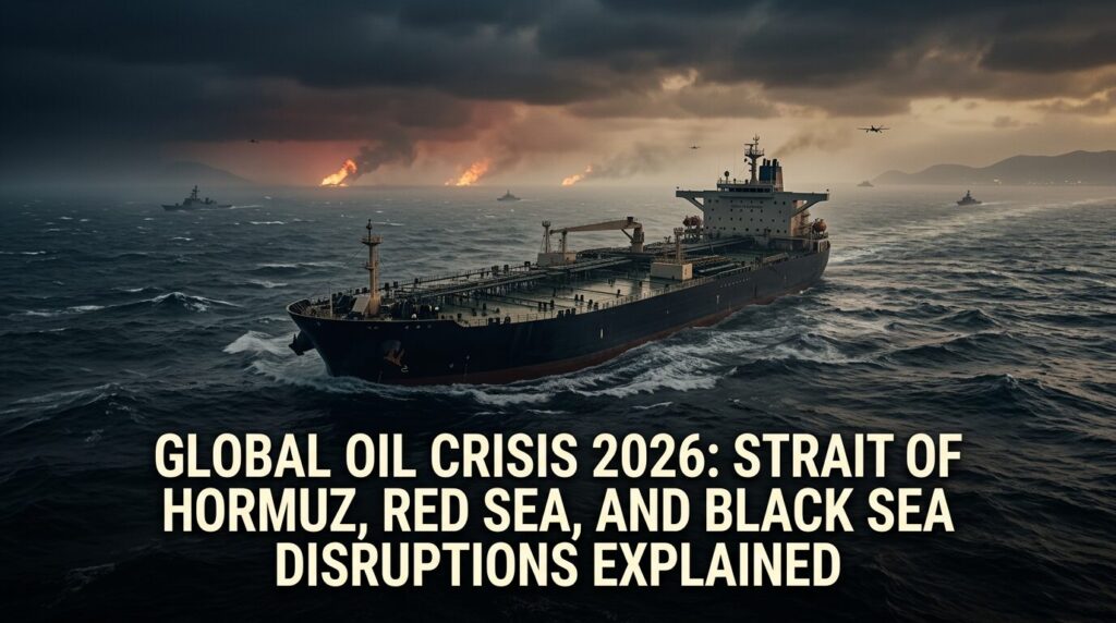 Oil tanker route through a maritime chokepoint during the global energy crisis