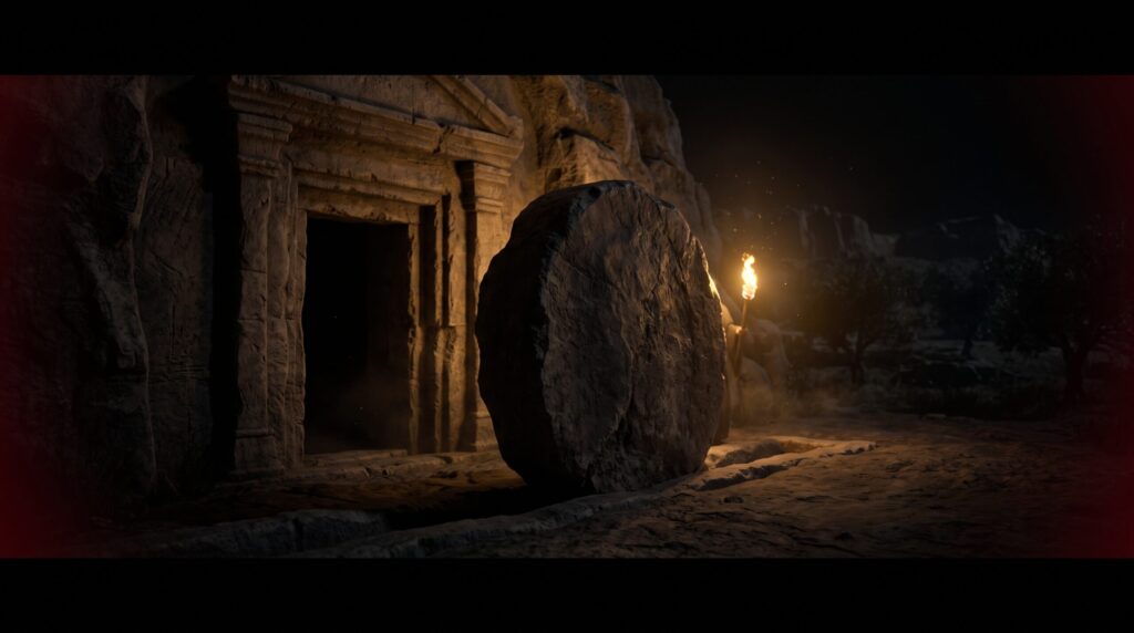 rolled back stone in front of Jesus Tomb
