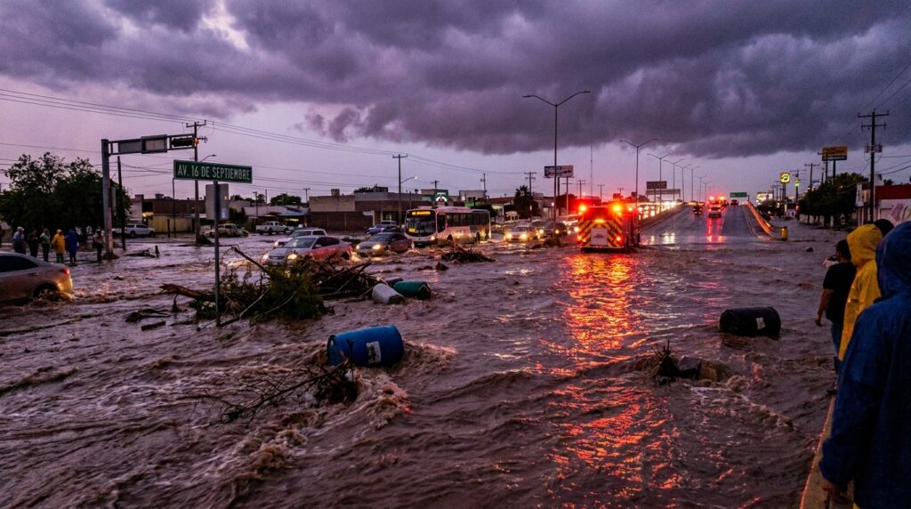 Destructive flash floodwaters sweeping through an avenue in Ciudad Juarez Mexico.