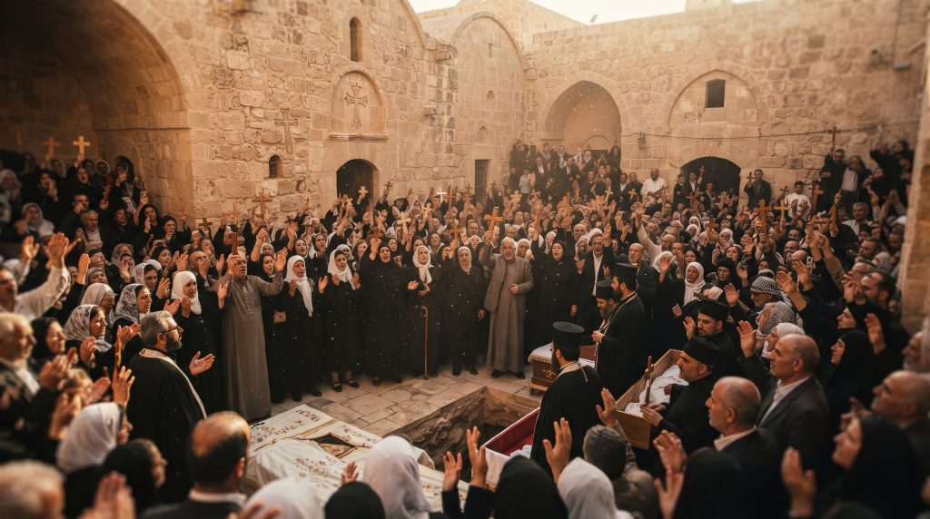  Mourners gathered at St George's Church in Jordan during burial of church attack victims