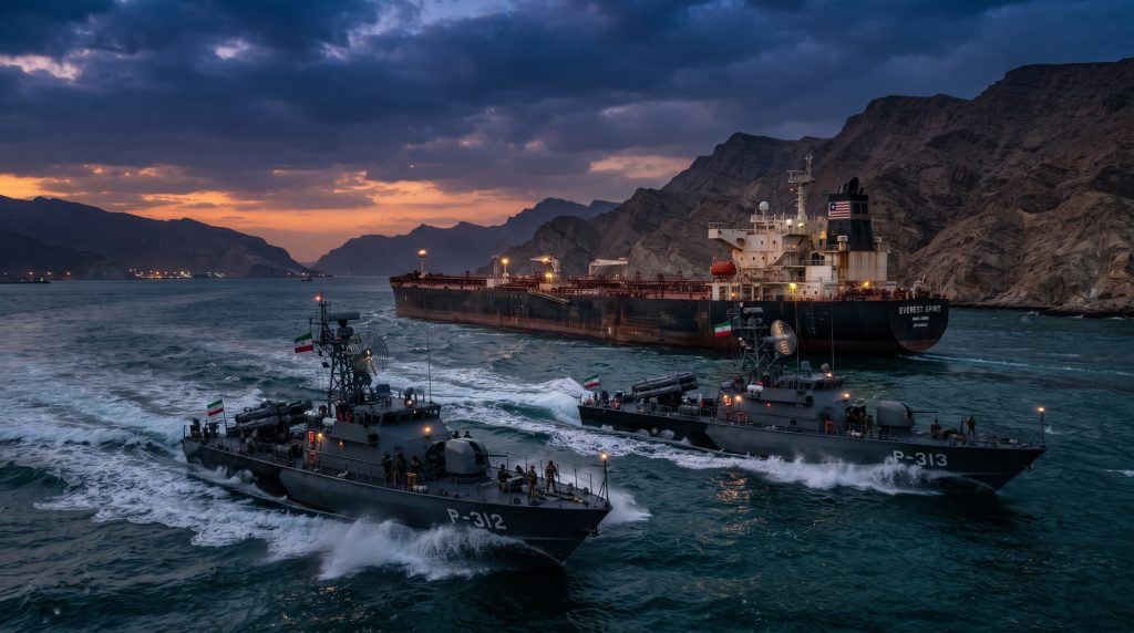 Naval patrol cutters and oil tankers in the Strait of Hormuz during Strait of Hormuz crisis