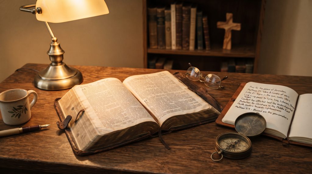 Open King James Bible illuminated by warm study lamp during devotional prayer