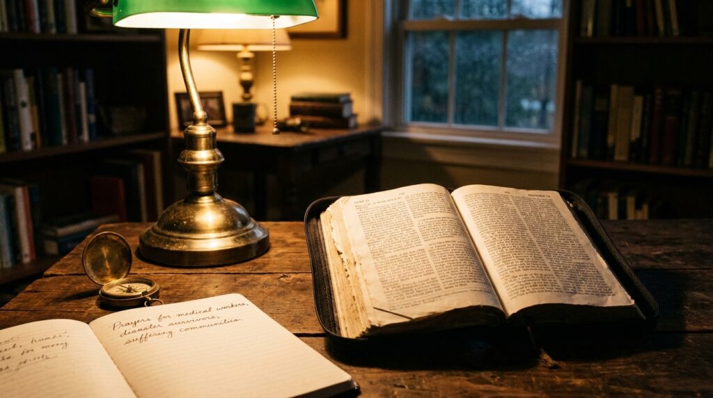 Open King James Bible illuminated by warm study lamp