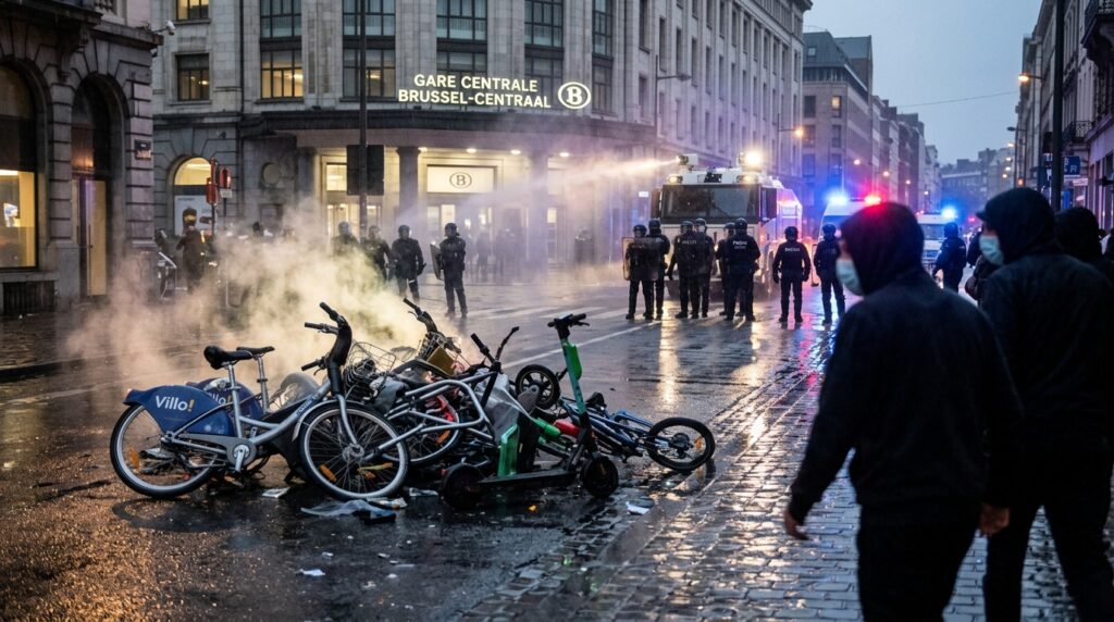 Brussels anti-austerity protests October 2025 masked clashes city bikes burned
