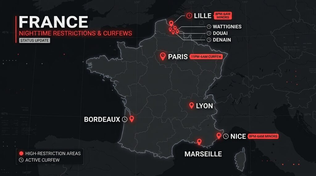 Sébastien Lecornu partial curfew localized map Paris Lille Nice Lyon curfew cities
