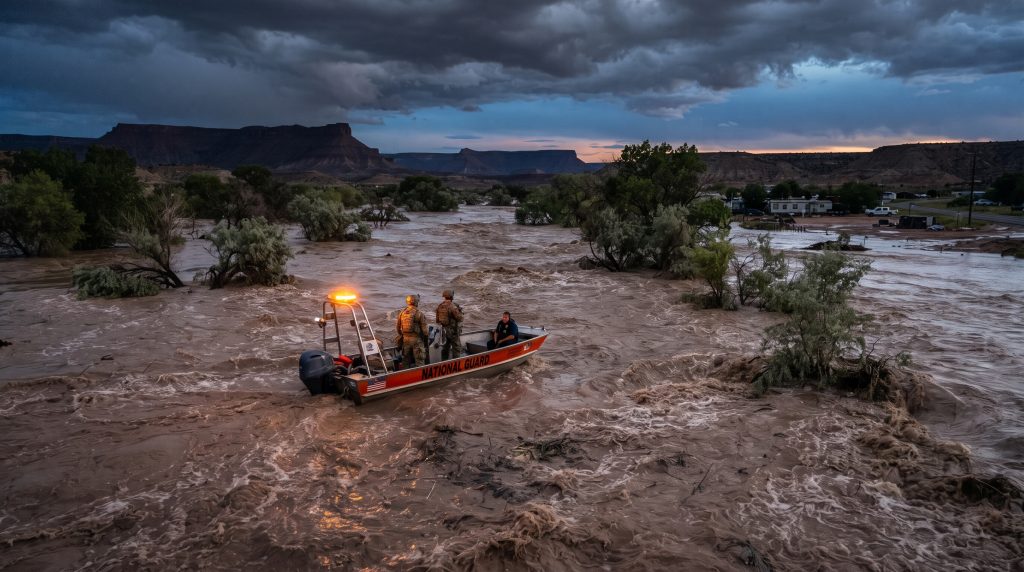 Surging floodwaters of the San Juan River in New Mexico during historic record flood breaks 1909 record