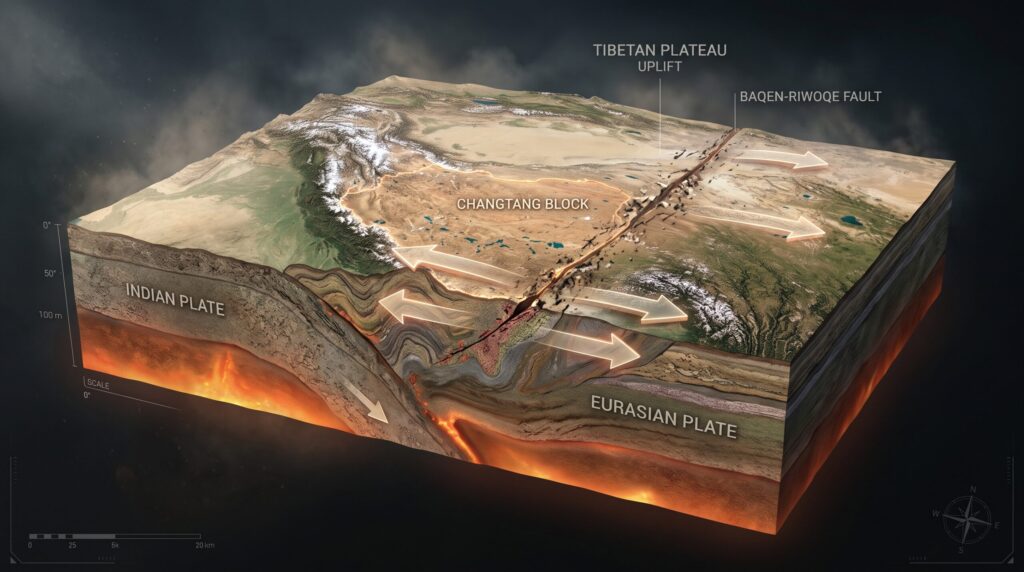 Tectonic map showing the Indian-Eurasian collision and Changtang block near the Tibet earthquake