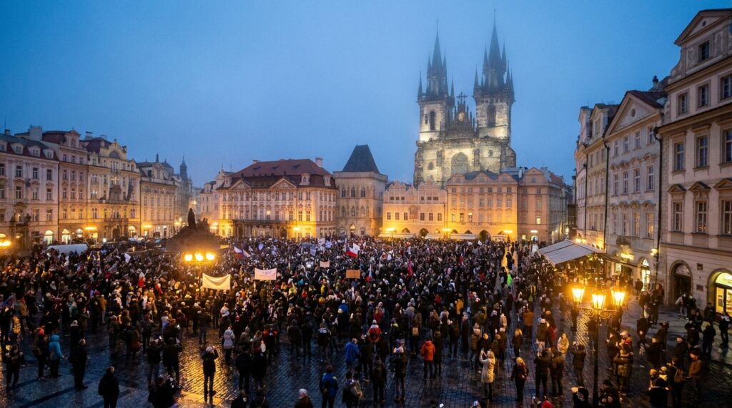 housands of protesters gathered in Prague Old Town Square during public media demonstrations