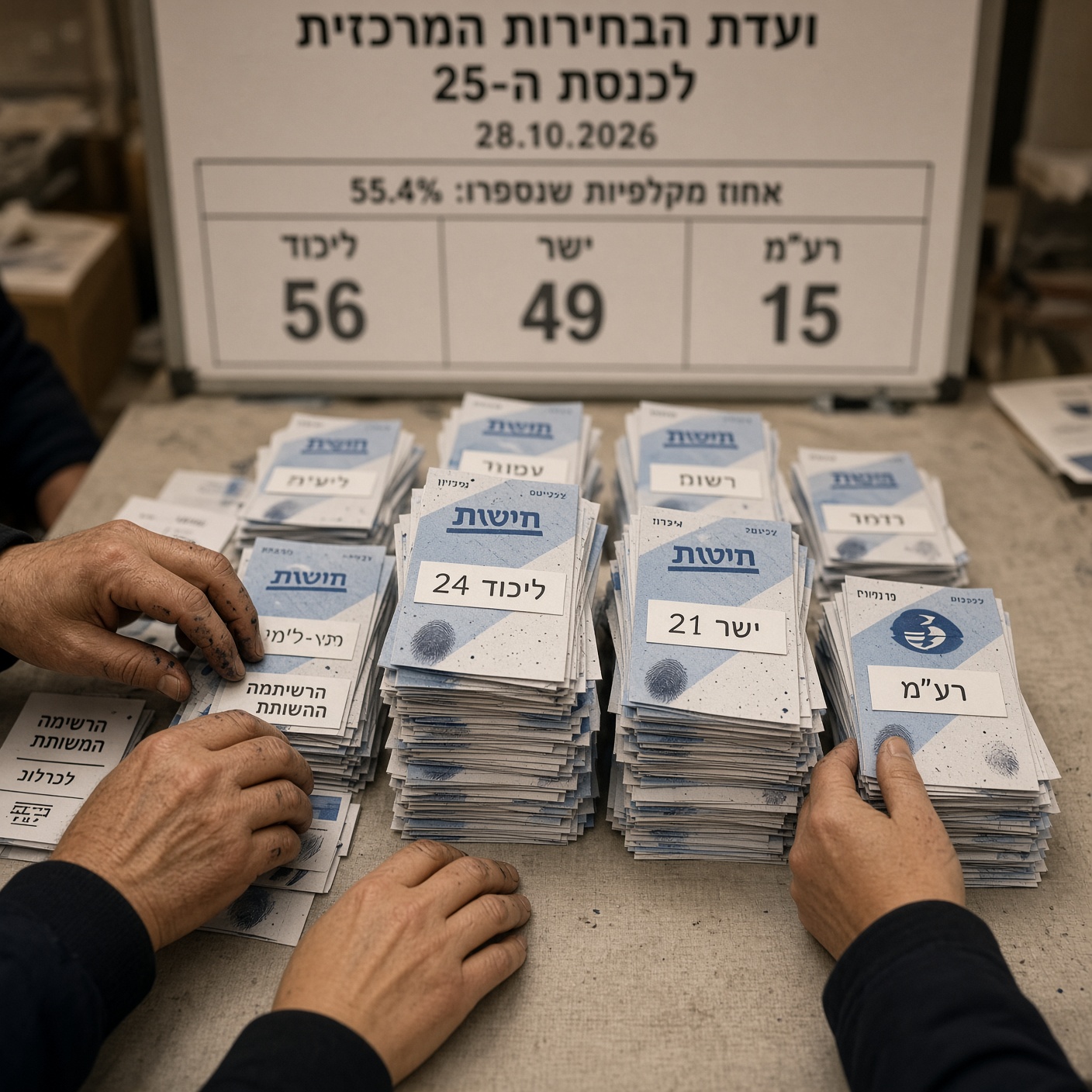 Israel Knesset coalition math ballot count 55 percent counted