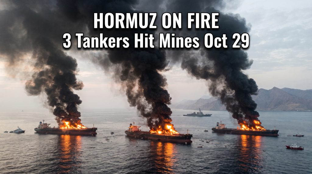 Strait of Hormuz tankers hit mines October 29 2026 fire three tankers ablaze