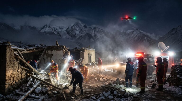 Tibet earthquake today rescue workers search collapsed homes in Baqen County Nagqu after M7.0 quake
